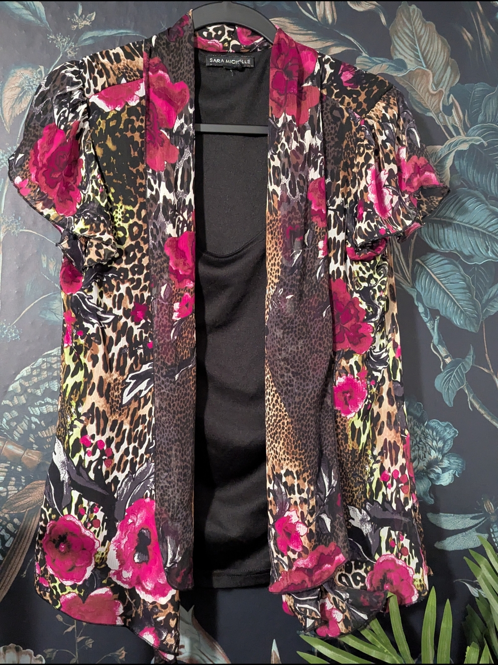 Sara Michelle Leopard Pink Floral Mock Layered Cardigan Top Office Siren Large
